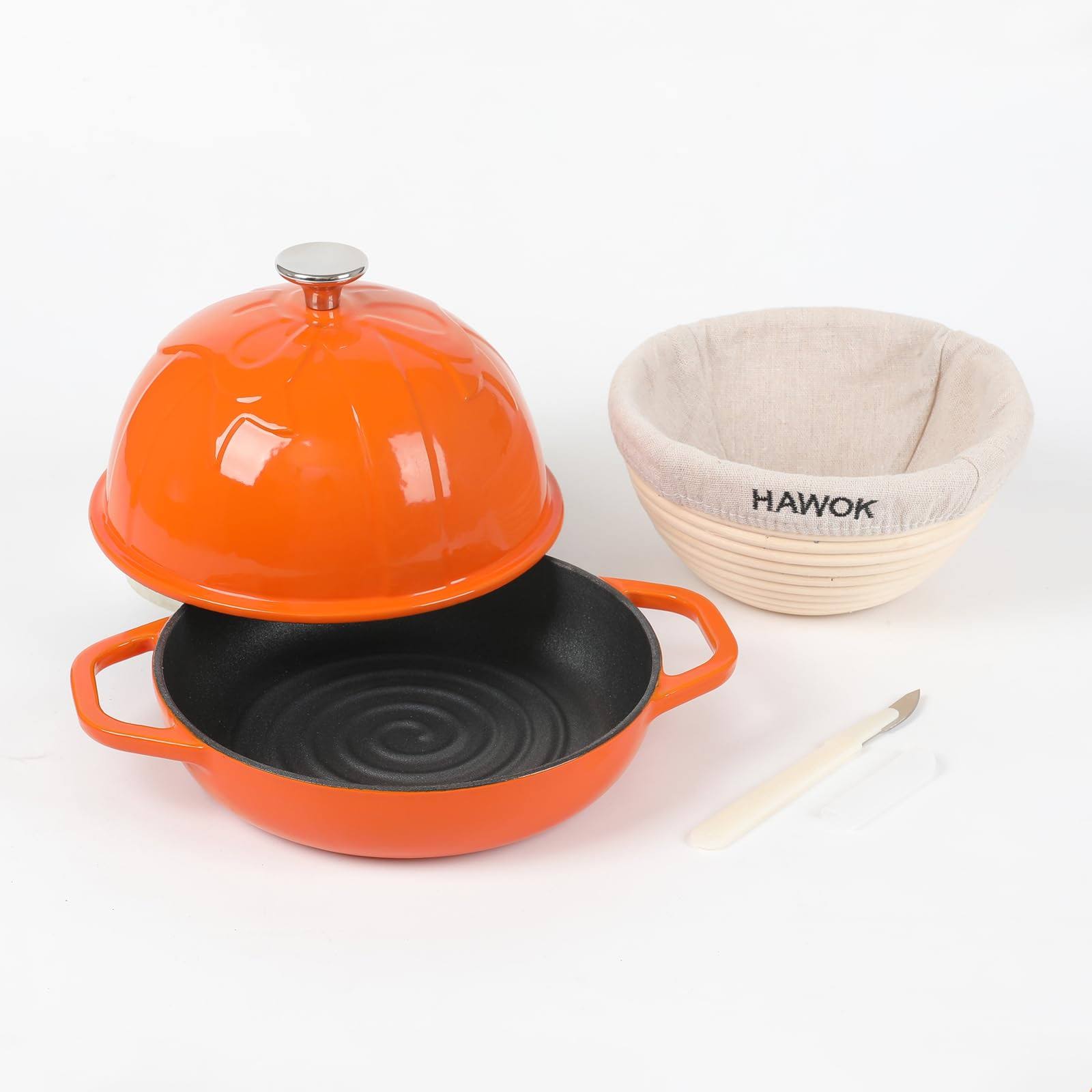 1f59f9df6d75b142df1a2b3bfb3e99f071bfa0e444ead34f73b695c6cf31c2c2.jpg HAWOK Cast Iron Bread Cloche, Dia. 7.8inch/20cm, with Proofing Basket and Dough Scoring Knife, Sourdough Baking Pan Enameled Orange - Image 1