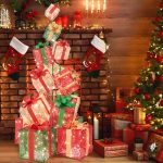 5.6FT Lighted Gift Box Tower, 15 Pre-Lit Stacked Boxes with 450 Warm White Lights, Metal Base & Ribbons, Indoor/Outdoor Christmas Light-Up Decoration