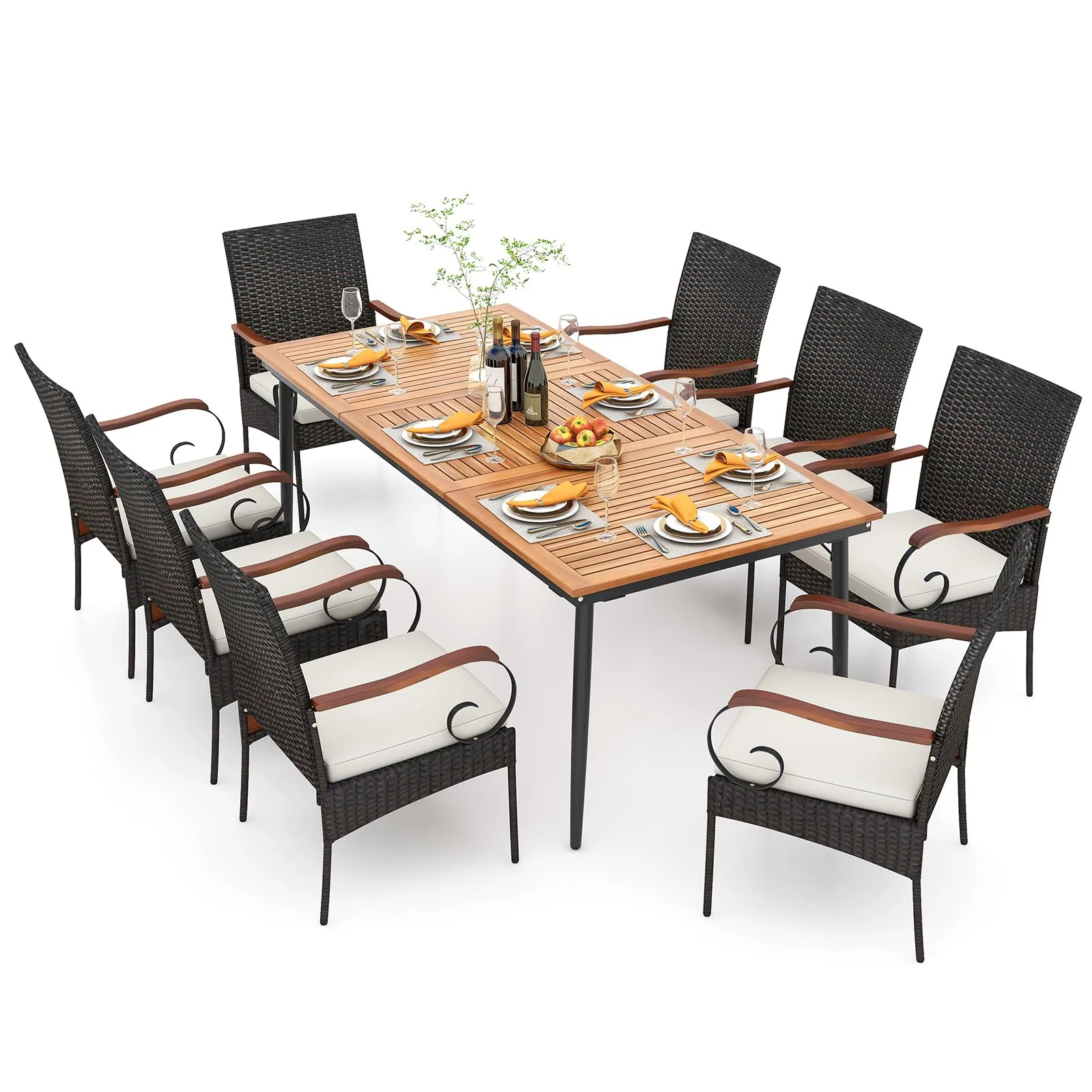 1ff10d48b97d7a81eee3ff69e8f3993bc84e9ecb1b81f3b4f2eb92871fa14253.webp Tangkula 9-Piece Patio Dining Set, 79" Outdoor Dining Table & 8 Rattan-Woven Dining Chairs with Acacia Wood Tabletop - Image 1