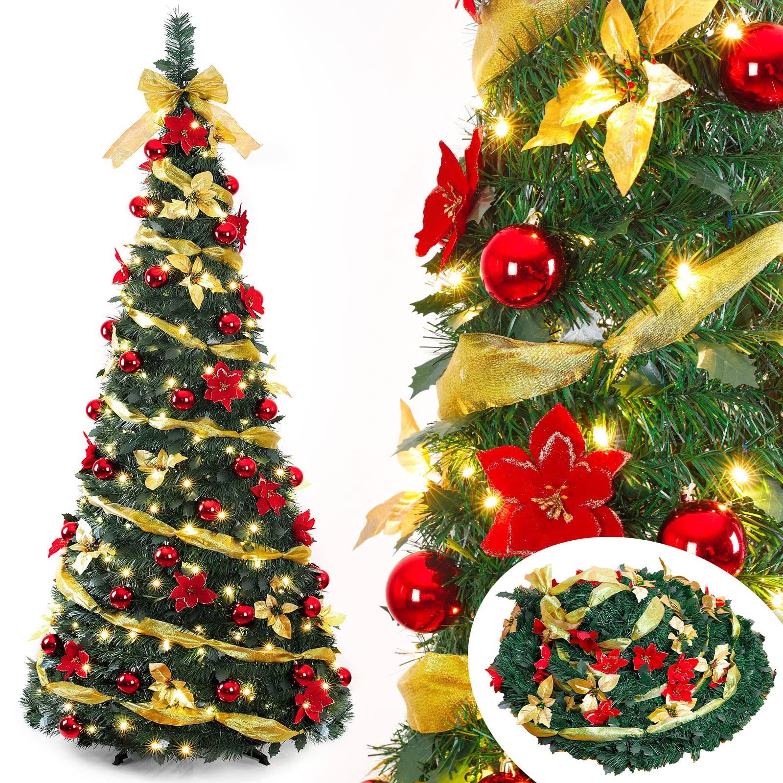2051499e9ab06c7646fb6b845a311e3fa8b74dee3e34b36015ffba9d4cc9d15d-1.jpg Decoway 6 ft Pre Lit Pre Decorated Christmas Tree Pop Up Christmas Tree with Decorations and 200-LED Warm Lights, Red Gold - Image 1