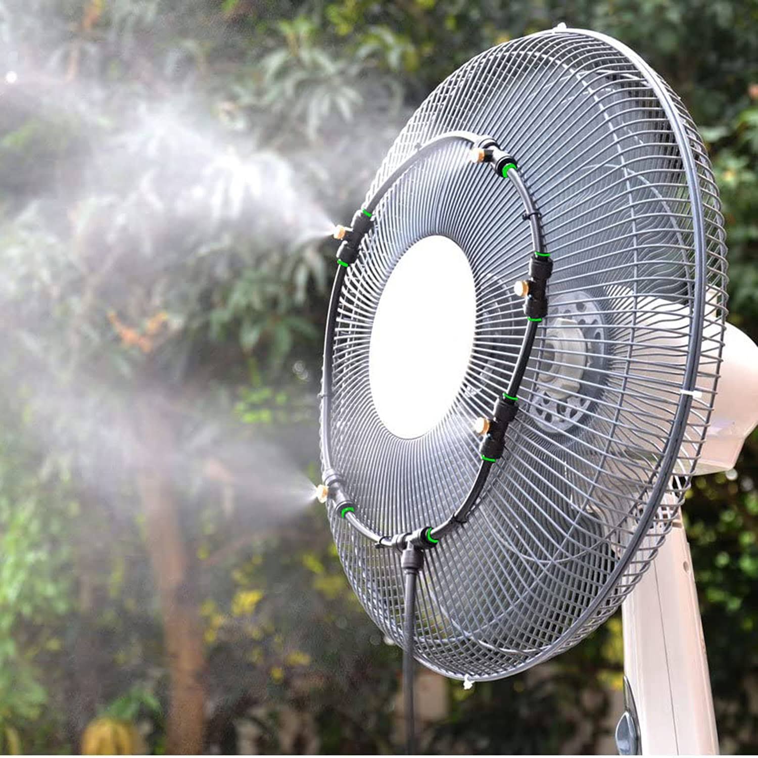 20ac21b83a9327ef8d878277d32d4a41d41a7736b94000539788d1cf2abe3ea5.jpg iRuiZhe Outdoor Fan Mist Cooling System Kit for Patio Fan Garden Greenhouse 19.6FT(5.9M) Misting Line & 5 Metal Mist Nozzles + Galvanized Solid - Image 1