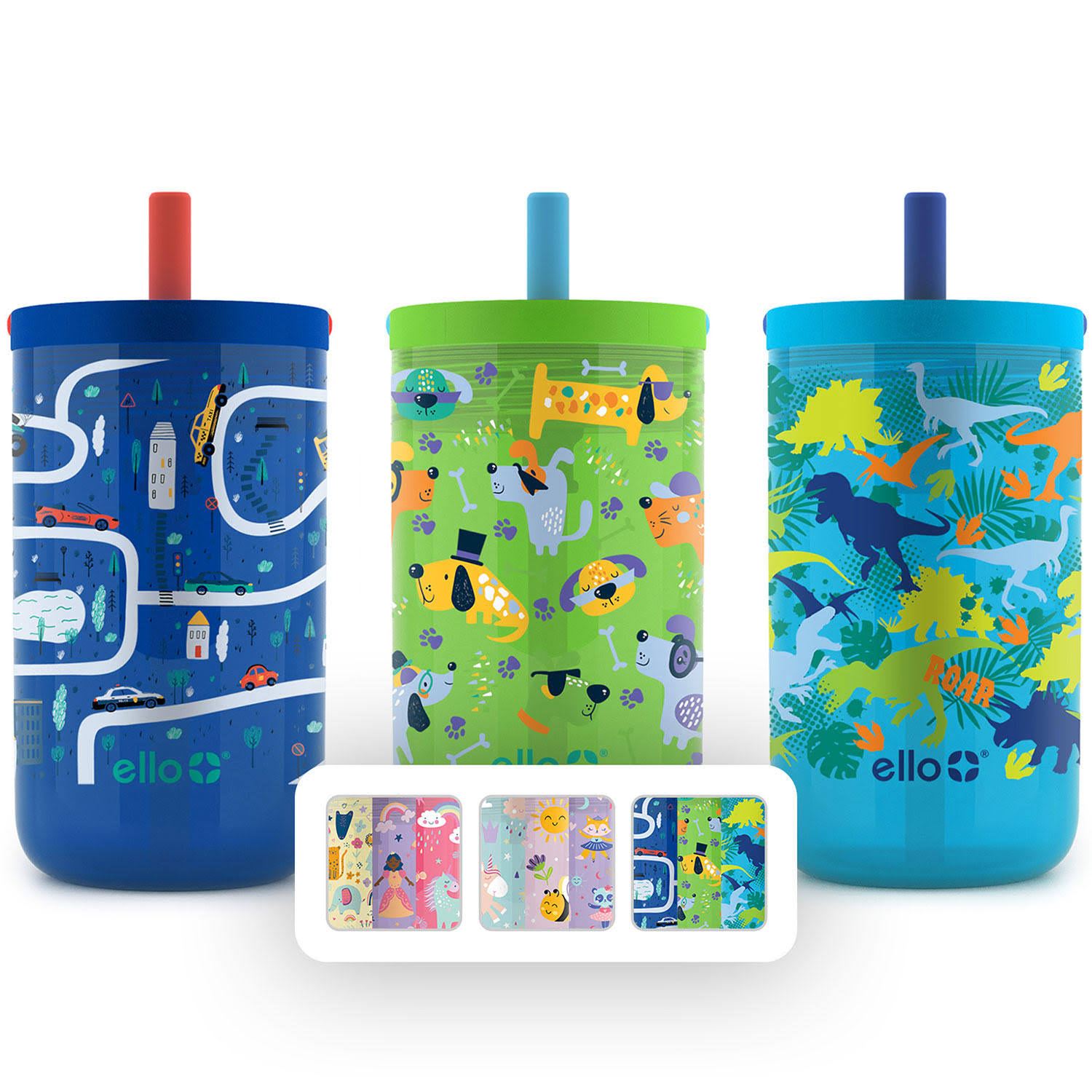 20b30162e409f47d0a6735f41f83d01a761314ca4f1d3445f3c0afa2ded855f4.jpg Ello Kids Bop 12oz Tritan Tumbler with Screw-On Lids and Removable Straws 3 Pack (Cars, Dogs, and Dinosaurs) - Image 1