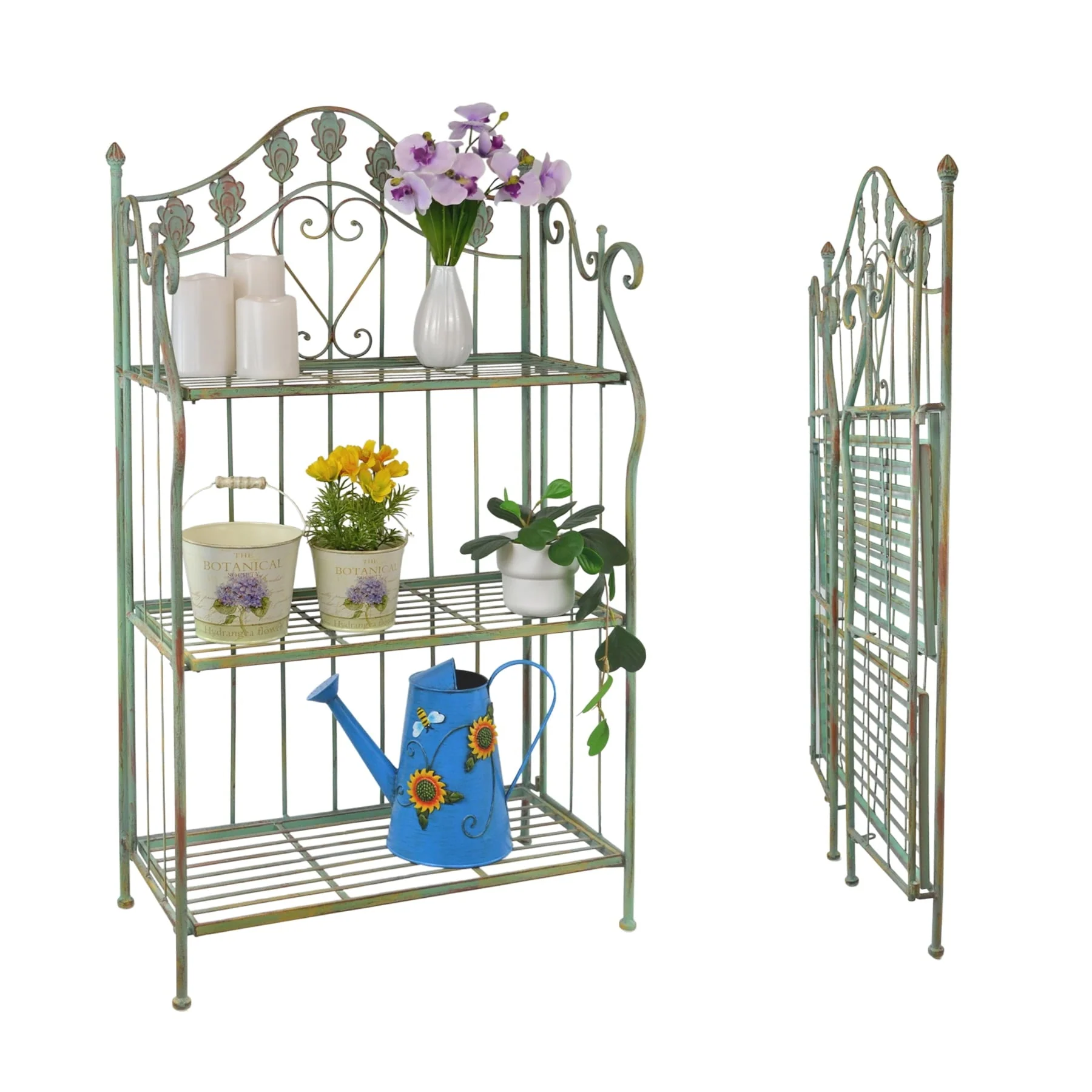 2136bfcf903c89fc151dee8e1c895f4b127932dd8913353c63c0c1e9a2fb7d64.webp Westcharm 41 in Tall Pre - Assembled Folding Metal Shelf | Plant Stand | Shelving Unit | Bookcase | Outdoor Baker'S Rack with Scrolling Heart & Peacock Tail Motif - Verdigris Green - Image 1