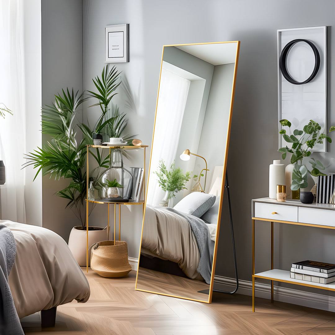 216d700ed962c394a78b6bb4493938acecc714c13c037d2d0ee45dfc4b78e9ab.jpg Martinsen Freestanding Full-Length Mirror Mercury Row Finish: Gold, Size: 64" x 21" - Image 1