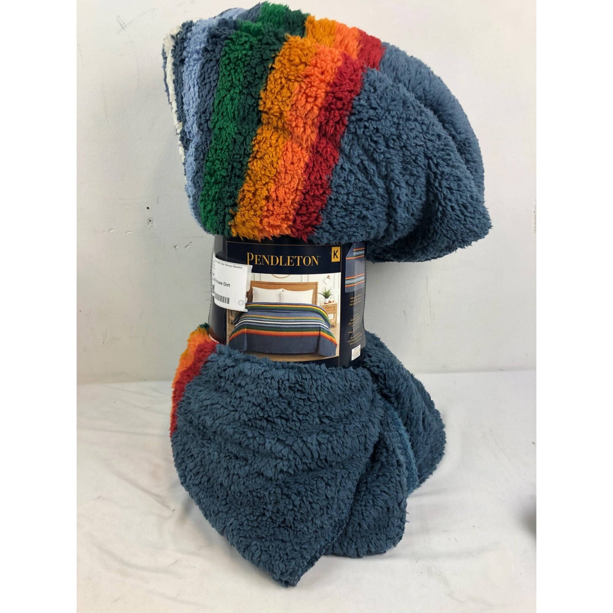 21766fbbd614b67c67801b739a709a56847026ad81e1eea268263061b53321e5.jpg Pendleton Bedding | Pendleton Serape Stripe Blue Sherpa Fleece Blanket King Nwt | Color: Blue/Red | Size: King | Longbeachposh's Closet - Image 1