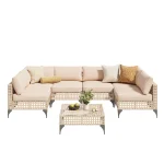 AECOJOY 7-Piece Patio Outdoor Furniture Set, Boho Outdoor Sectional Set, Light Brown&Beige