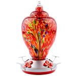 WOSIBO Hummingbird Feeder for Outdoors Patio Large 32 Ounces Colorful Hand Blown Glass Hummingbird Feeder with Ant Moat Hanging Hook, Rope, Brush