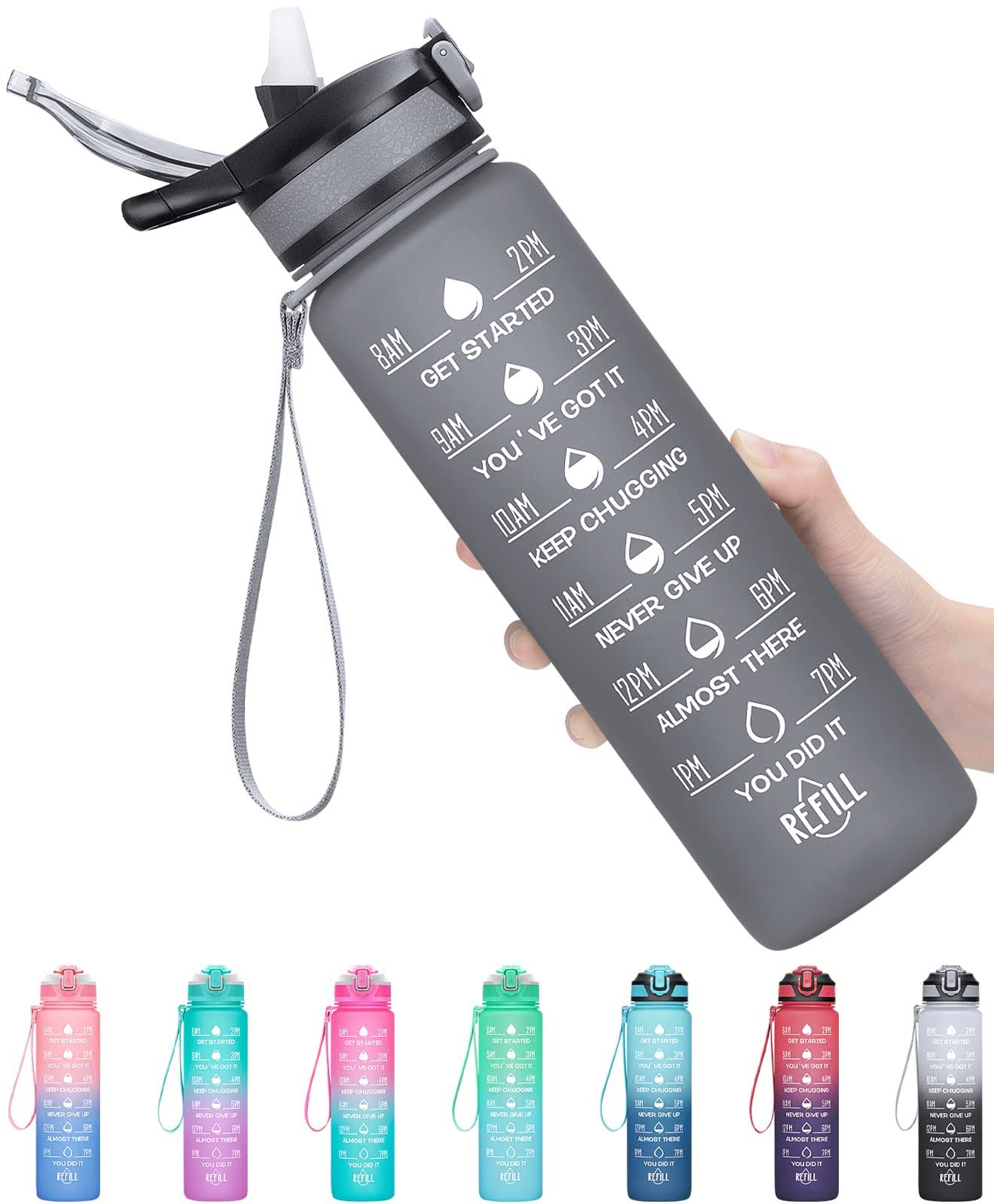 22007946feac916cf65ee0c2eff32d0291824f911f8f85351cf21f1eb7c0d1d0.jpg MEITAGIE 32oz Leakproof Motivational Sports Water Bottle with Straw & Time Marker, Flip Top Durable BPA Free Tritan Non-Toxic Frosted Bottle Perf - Image 1