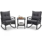 Tangkula 3 Pieces Outdoor Rocking Chairs Set Rattan Heavy Duty Cushioned Rocker Chairs