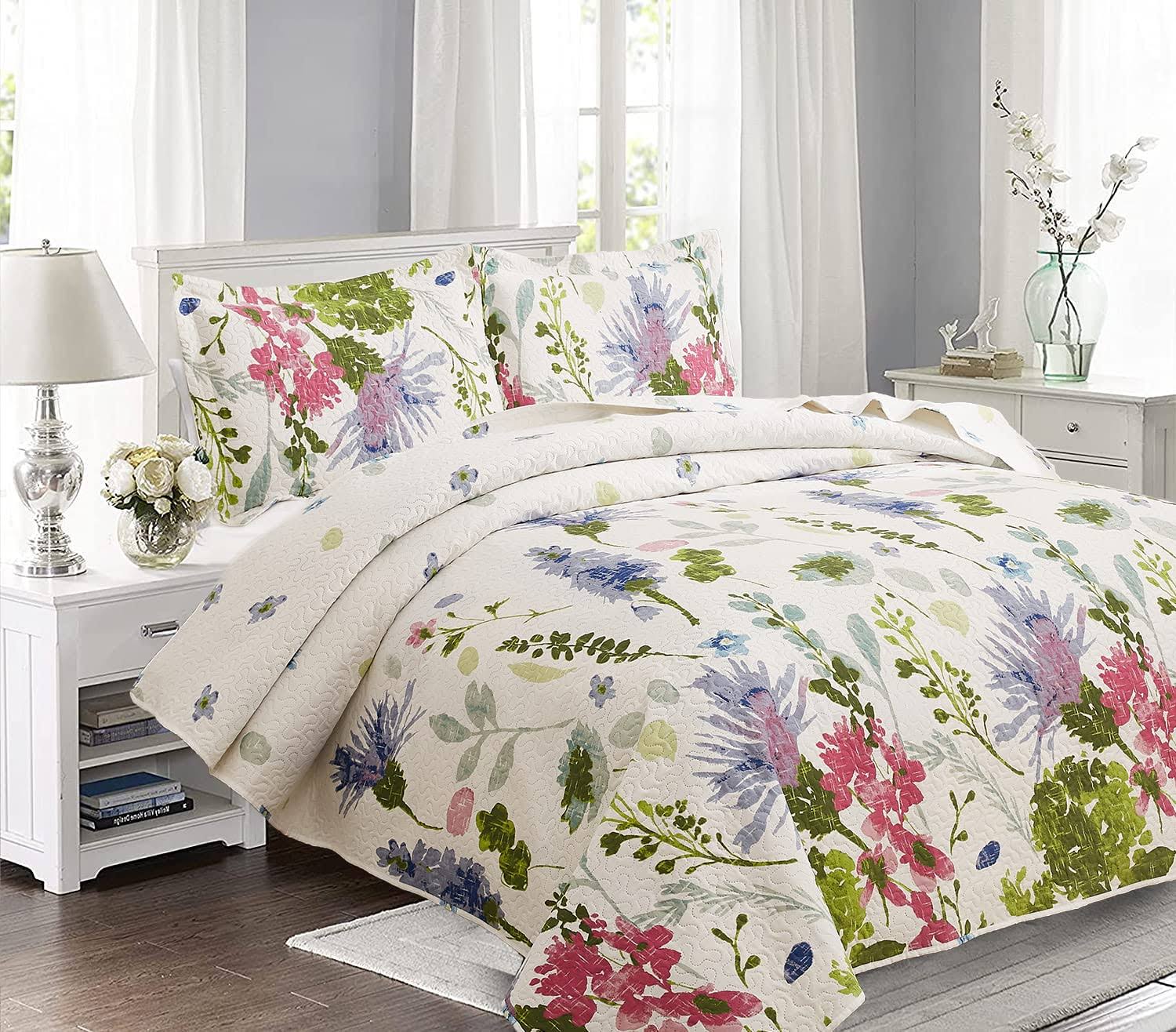 229515207447f0f34b8f345b30ca31301f9187acca2c87f0c863455d8873de25.jpg Jarson Floral Quilts Set Full/Queen size, 3pcs Lightweight Summer Bedspreads, Country Purple Flowers Bedding, Botanical Plant Reversible Coverlets - Image 1