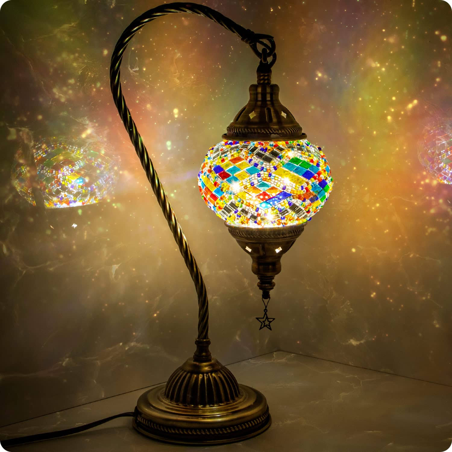 22ca659e8978519976f9e2eb347d72f97a8fce84ba6aefd508e624d46795e343.jpg Yarra-Decor Turkish Moroccan Lamp with Bronze Base 3-Way Color Changing Handmade Swan Neck Tiffany Mosaic Glass Bedside Lamps for Bedroom (LED Bulb - Image 1