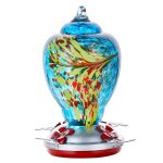 WOSIBO Hummingbird Feeder for Outdoors Patio Large 32 Ounces Colorful Hand Blown Glass Hummingbird Feeder with Ant Moat Hanging Hook, Rope, Brush