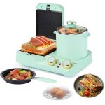 Mindore 3 in 1 Breakfast Station, Electric Retro Toaster Breakfast Machine Sandwich Maker with Detachable Non-Stick Coating Plate,Stockpot with Glass