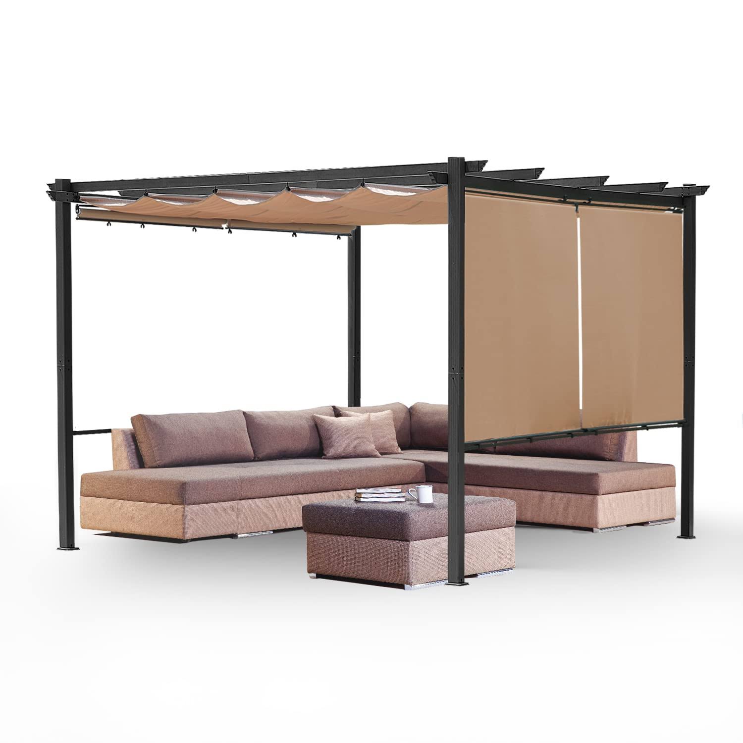 23b57a094bbec11c7ca0d6564b6482328d23731b59560dc8ab4227a7d21ce588.jpg Aoodor 12 x 12 ft Outdoor Pergola with Retractable Canopy, Aluminum Frame, 2 Sides Patio Sun Shade Shelter for Backyard, Deck - Dark Brown - Image 1