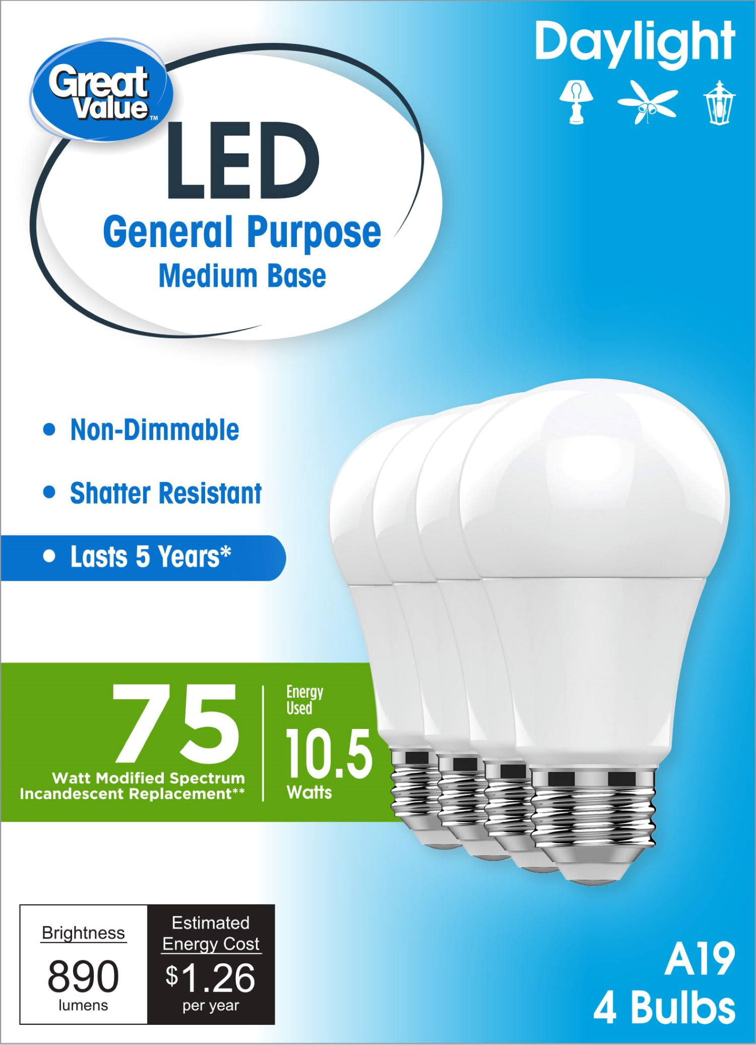23c7ca4ffe2f61fbc5af7ffcc5be8bfbaba09ef2fb5732f035b0478775f1dc19.jpg Great Value LED Light Bulbs, 75 Watts Eqv, Daylight, A19 General Purpose Light Bulbs, 5YR, 4pk 93131090 - Image 1