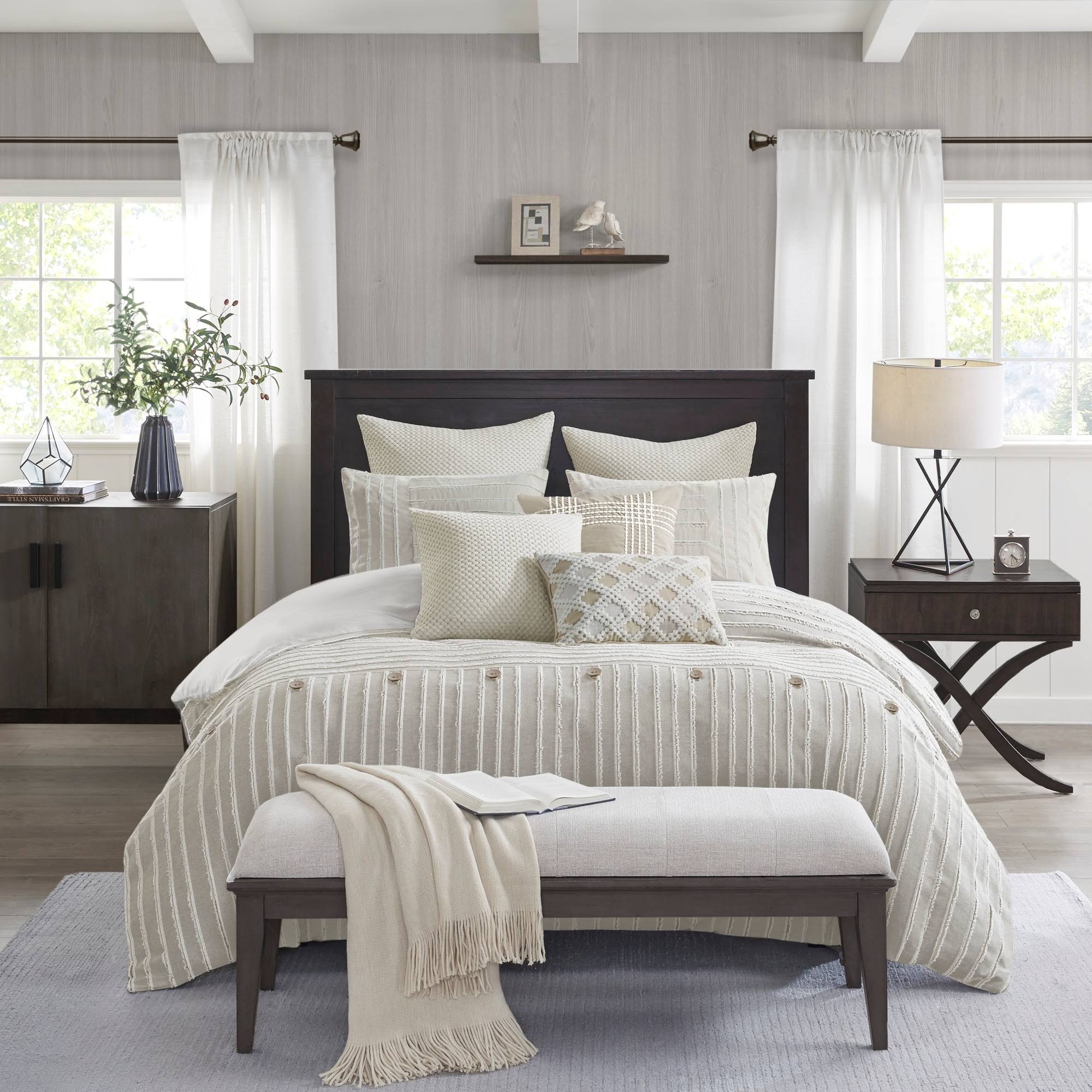 23fedc06a2d86dc18e568058f0e57da273be84ad50b80659938692308ad1a4c5.jpg Madison Park Signature - Essence Oversized Cotton Clipped Jacquard Comforter Set with Euro Shams and Throw Pillows - Queen - Ivory - Image 1