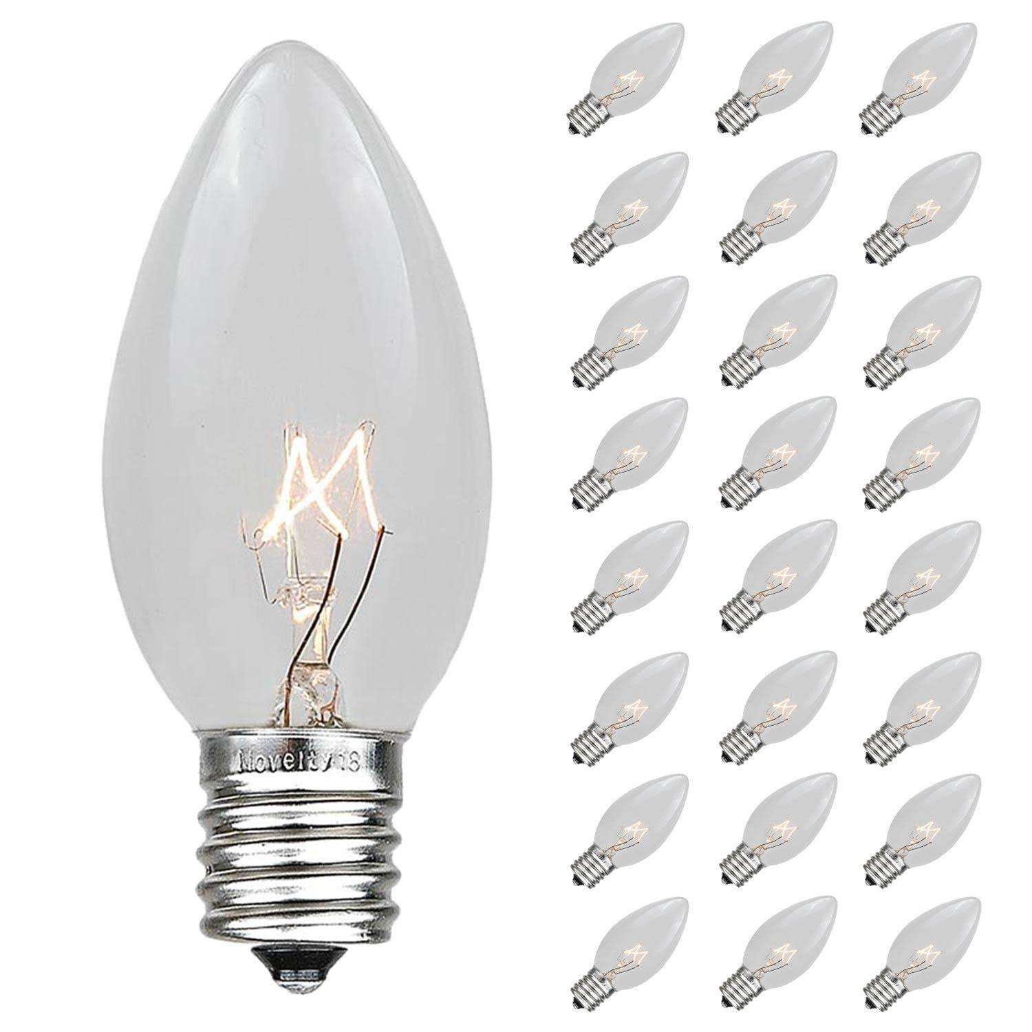 2405476e8dfd47a96b91cb15ef3ae5bdbaf63e356db68348f1feef7d7010639e.jpg Novelty Lights 25 Pack C9 Outdoor Christmas Replacement Bulbs, Clear, E17/c9 Base, 7 Watt - Image 1