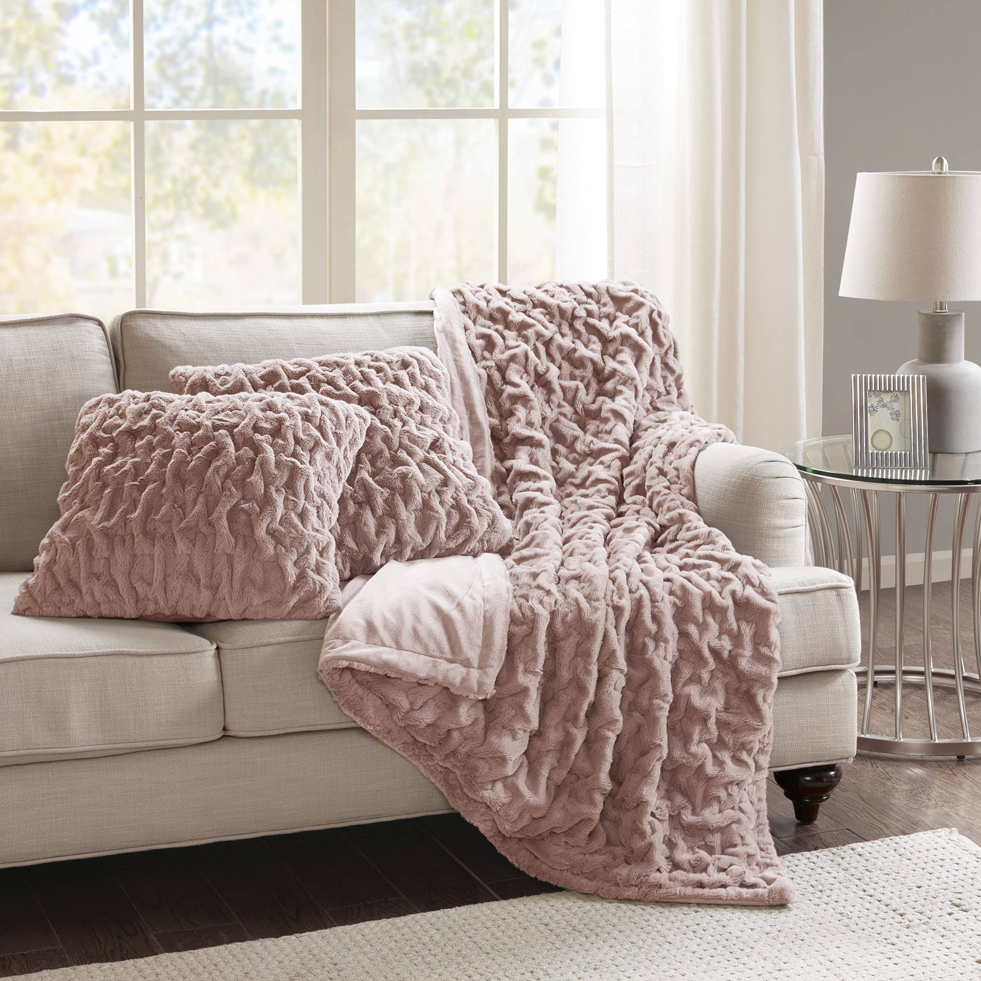 242680139de1a1aef4d61748efef3b0bc1acb286823f503c5e8fbe660a57e918.jpg Comfort Spaces Ruched Faux Fur Plush 3 Piece Throw Blanket Set Ultra Soft Fluffy with 2 Square Pillow Covers 50'x60' Blush, 50 in x 60 in - Image 1