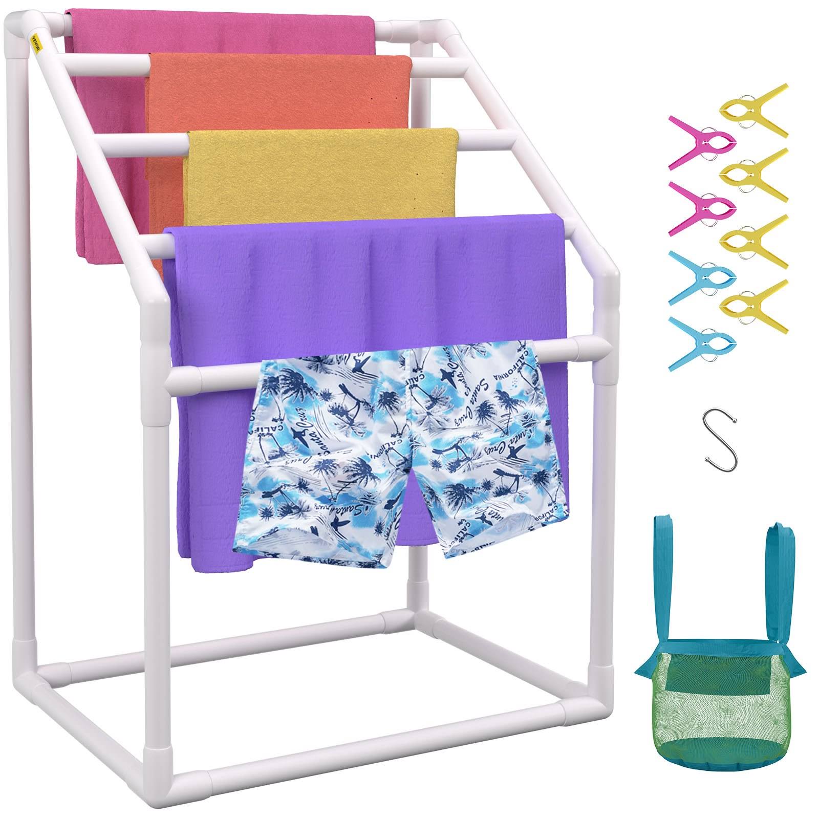 2468f6a0ca2c1d5842afc23043ac030f2d01ea3a116bf7d30562c6b14299196b.jpg VEVOR 5 Bar Freestanding Outdoor PVC Trapedozal Poolside Storage Organizer Pool Towel Rack White - Image 1