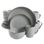 Gibson Home Rockaway Round Stoneware Dinnerware Set Service for 4 (16pcs) Grey/Gold Rim