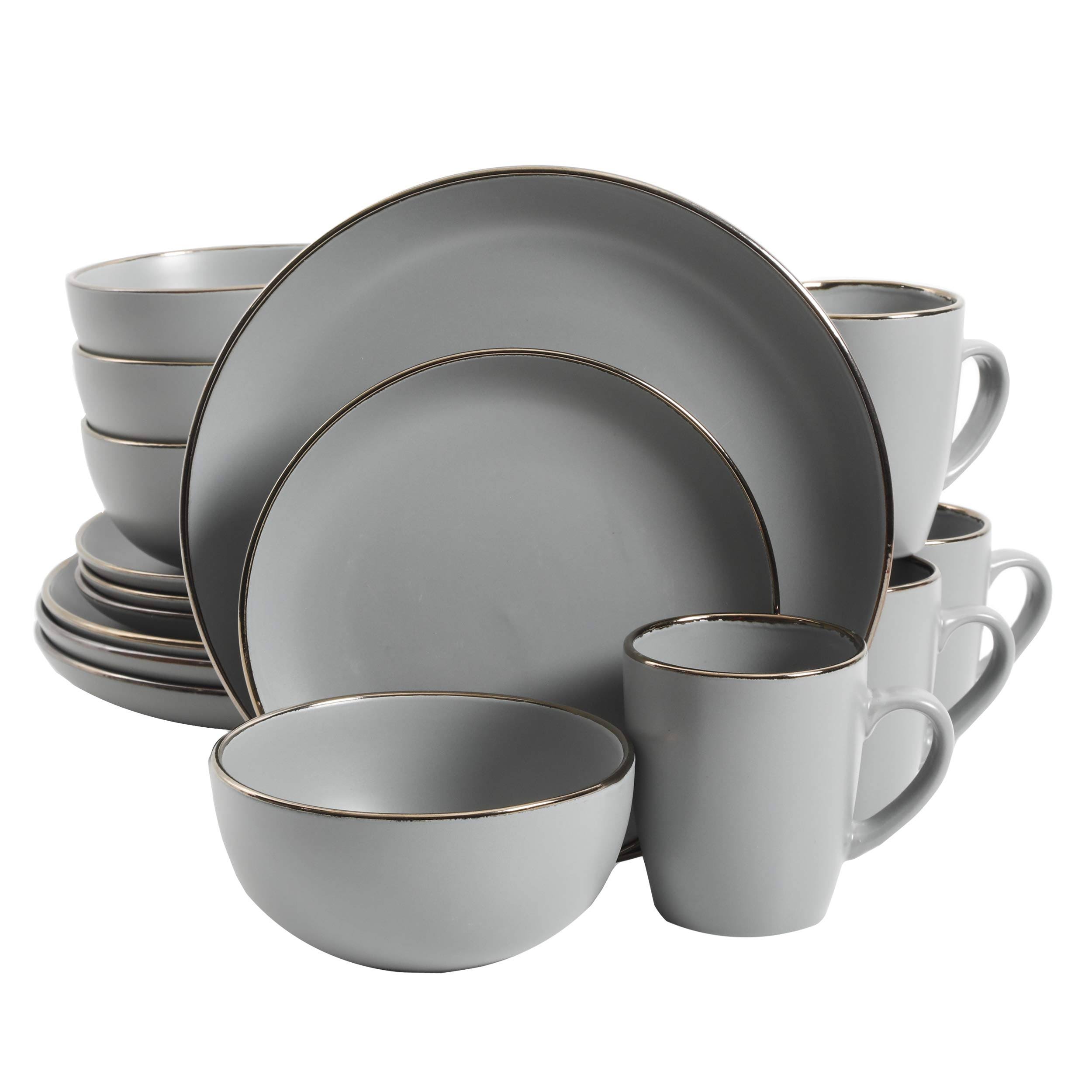 247f009cf5229dc7677fcf6c8a9bb9863ef6e9aabea8fca2088a55fee031eab7.jpg Gibson Home Rockaway Round Stoneware Dinnerware Set Service for 4 (16pcs) Grey/Gold Rim - Image 1