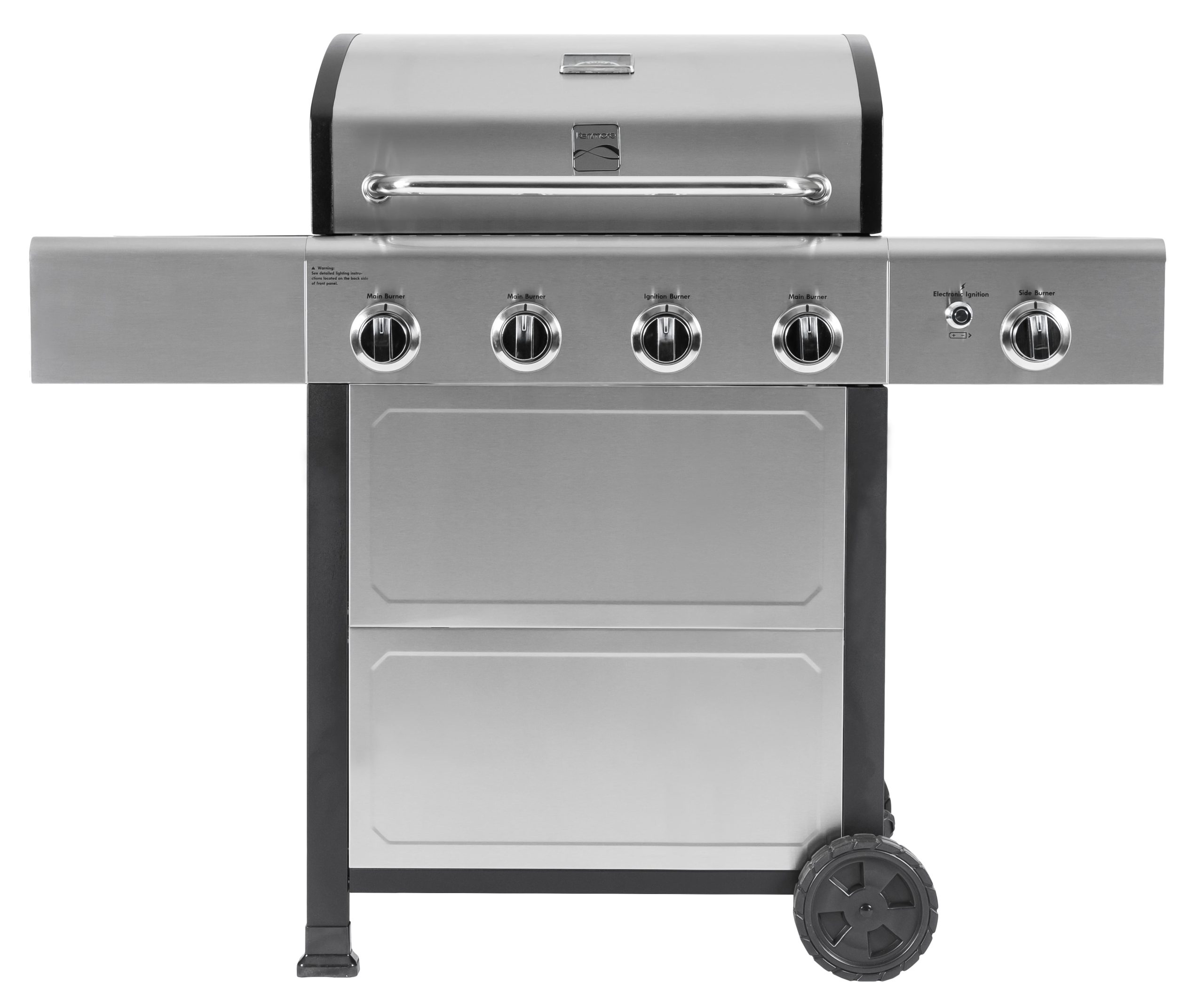 24a466584a8a1d678fb442111b90137449b7e3a5affb95a37d9fe90692b1f09e.jpg 4-Burner Outdoor Propane Gas Grill with Side Burner. Open Cart. Stainless Steel - Image 1