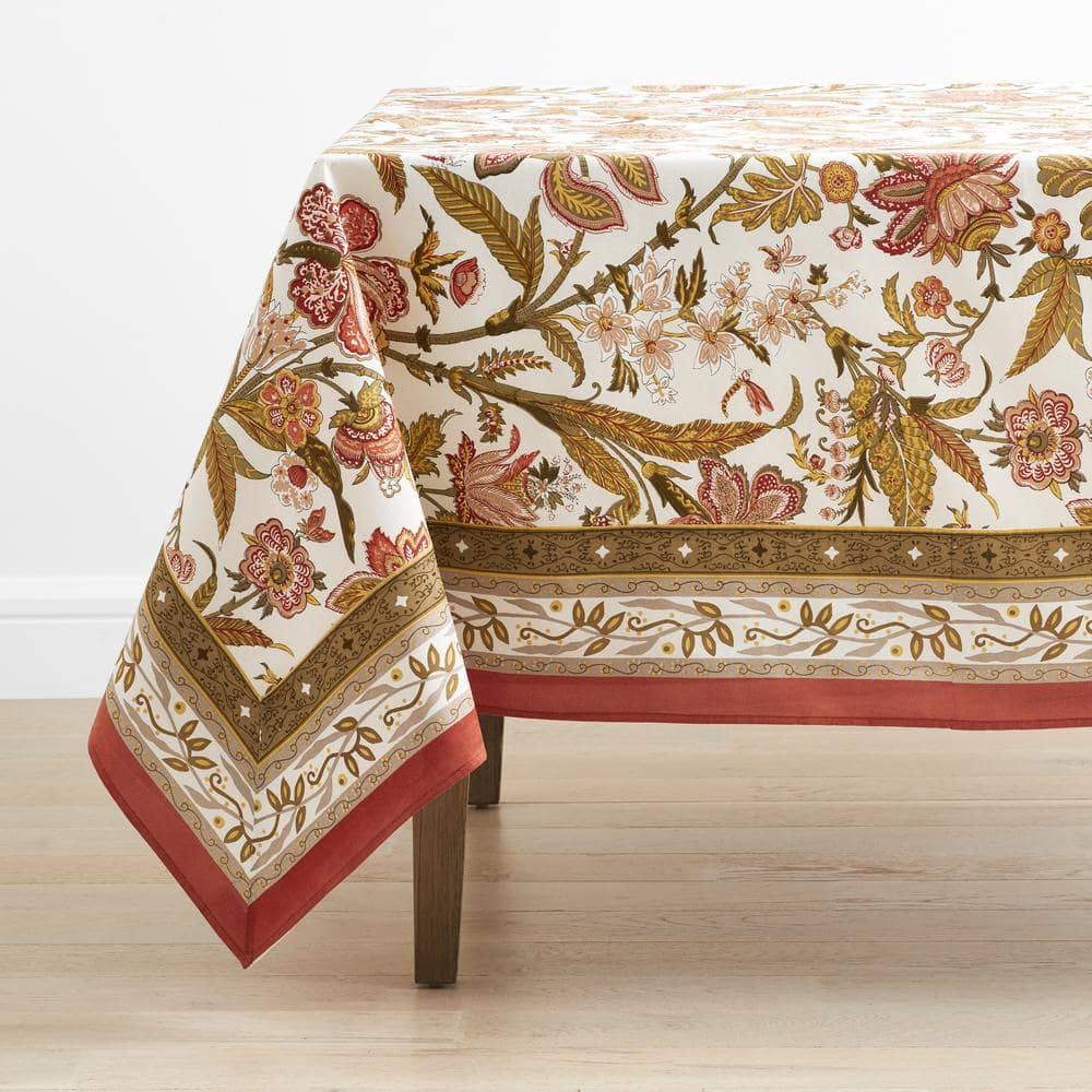 24a6ba0cabf4b7cfa320e72ea38d726f34f92b1de32bf3adaafa3e165812bad0.jpg The Company Store Orange Jacobean 108 in. x 70 in. Brown Floral Cotton Tablecloth - Image 1