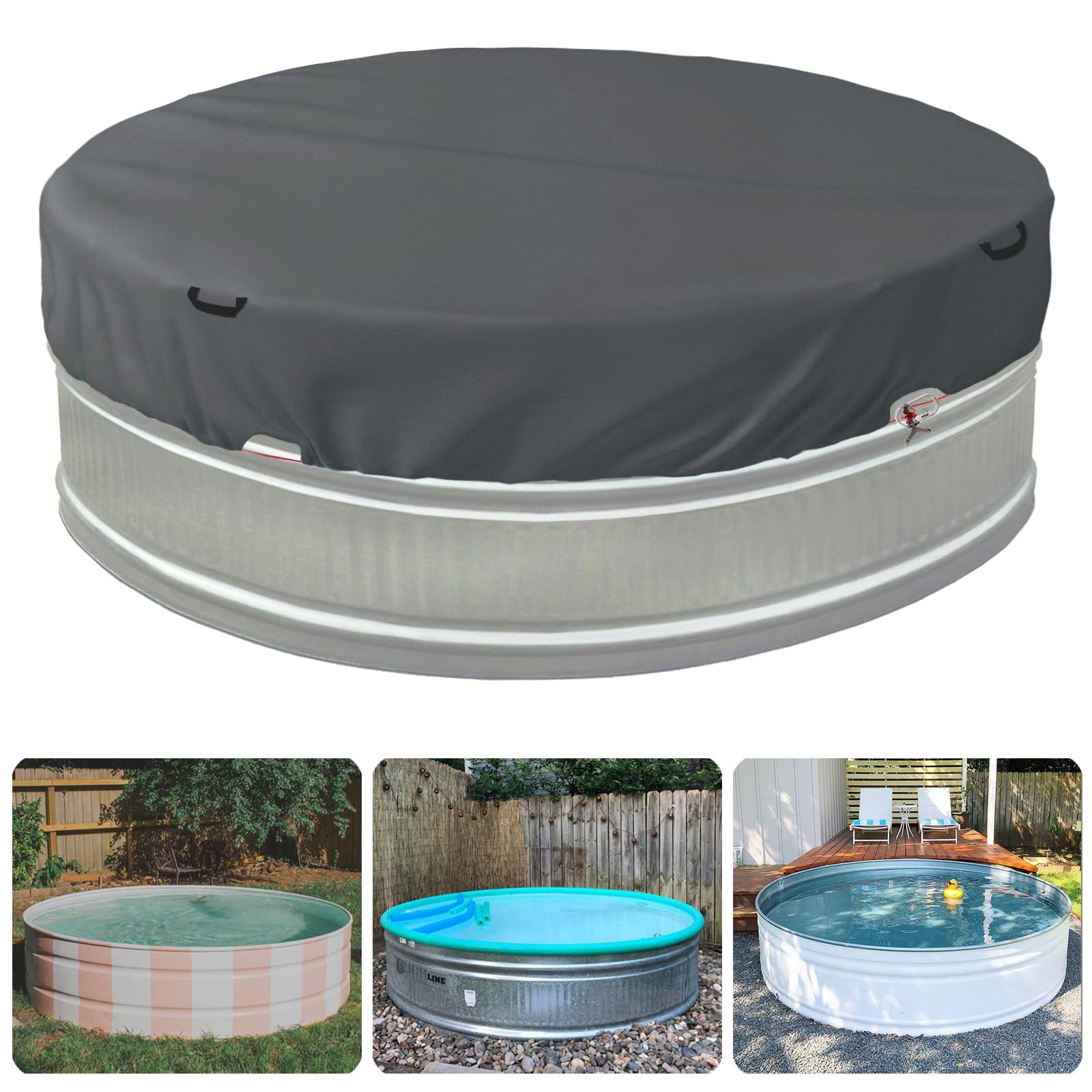 24ce6d351ac01fed3f055e2ae4190127d5c7f28088a17f7fc120697938e86c5a-1.jpg Bitubi 7-8 ft Steel Round Stock Tank Pool Cover,Upgraded with Drawstring Design Increase Stability(Grey) - Image 1