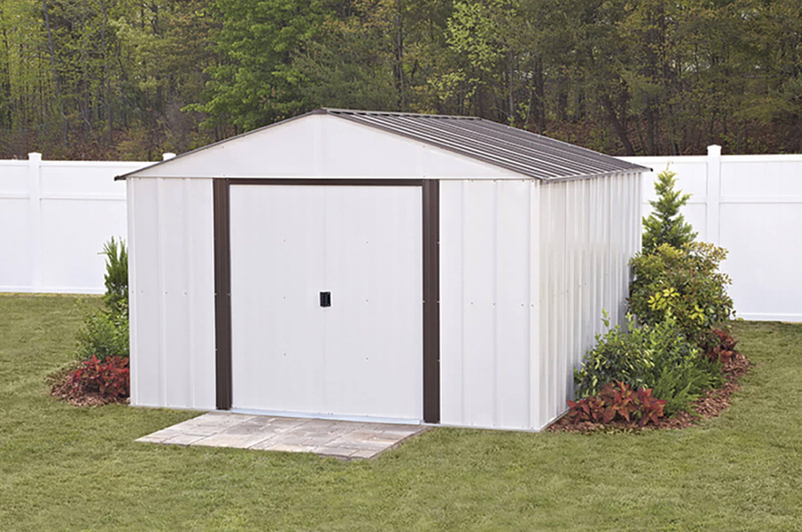 24cef8d1da6522ad7eea44e06dde561dbe34442297a2583a69ed2ea0b90164b5.jpg Arrow 10-ft x 12-ft High Point Galvanized Steel Storage Shed in Off-White | LW1012 - Image 1
