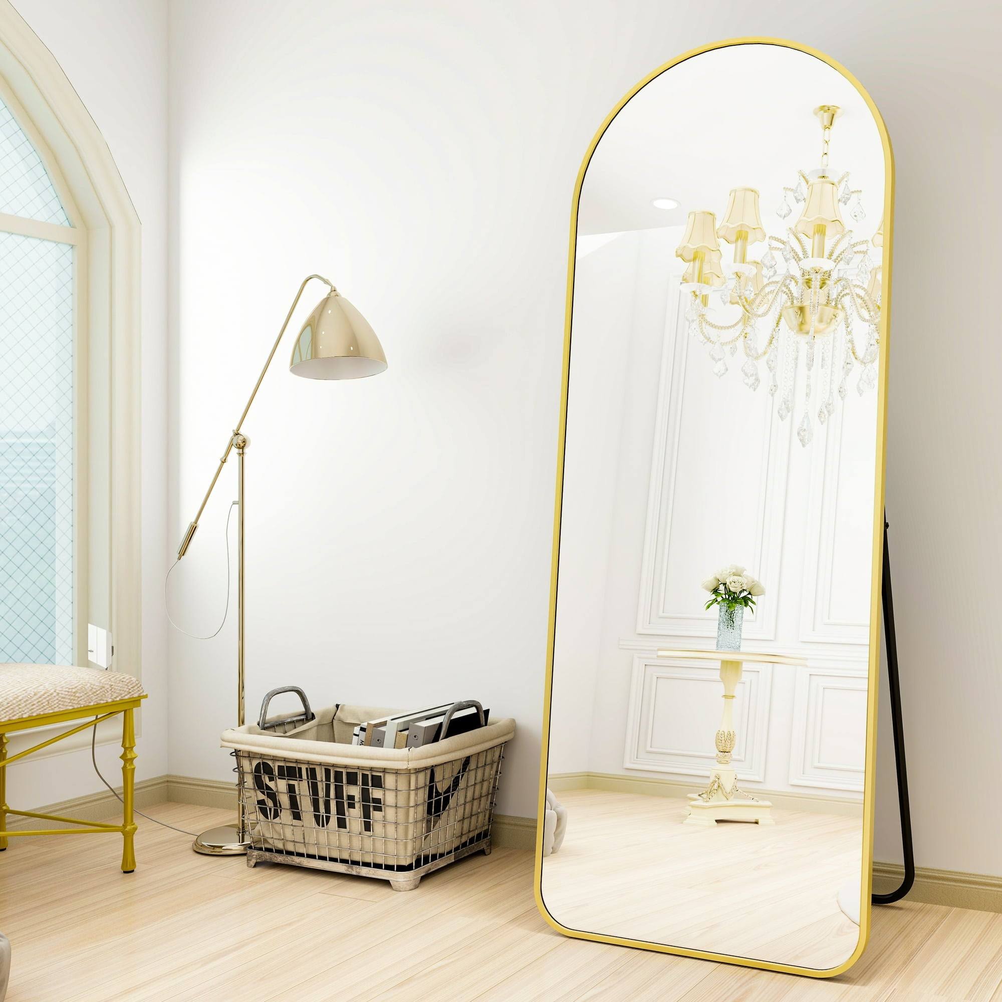 24f9a7b80782c055aec370fd8d0c494012322f7ea9ead4e12dd901cd6f45d664.jpg BEAUTYPEAK 64 inchx21 inch Full Length Standing Arch-Top Floor Mirror, Gold, Size: 21 x 64 - Image 1