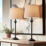360 Lighting Modern Buffet Table Lamps Set of 2 Bronze Metal Oatmeal Fabric Drum Shade for Dining Room