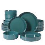 Bloomhouse Santorini Mist 16 Piece Double Bowl Terracotta Reactive Glaze Plates and Bowls Dinnerware Set