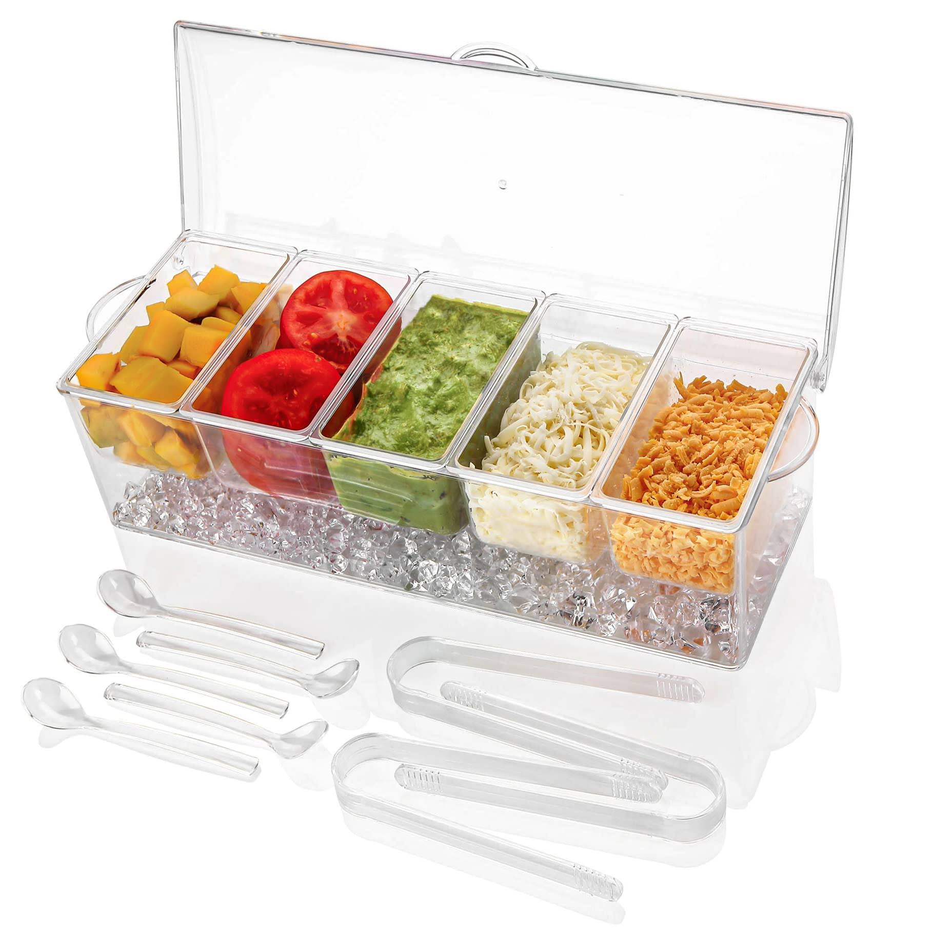 259e21fe2d29767ee64e4e65f9507b029b50d9ce653593038112abbff27db3c4.jpg IVYHOME Ice Chilled 5 Compartment Condiment Server Caddy | Plastic Storage Food Containers | Serving Tray Container with 5 Removable Dishes Over 2 Cup - Image 1