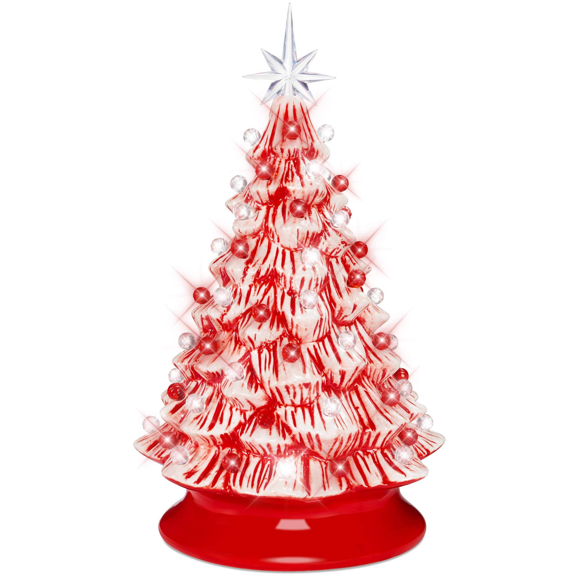 25ae34cebf89767a6031560babc040111ce9aee29f832a3e3a903d83c45dfd45.jpg Best Choice Products 15in Pre-Lit Ceramic Christmas Tree w/ Cord, Hand-Painted Decoration - Peppermint Candy Cane - Image 1