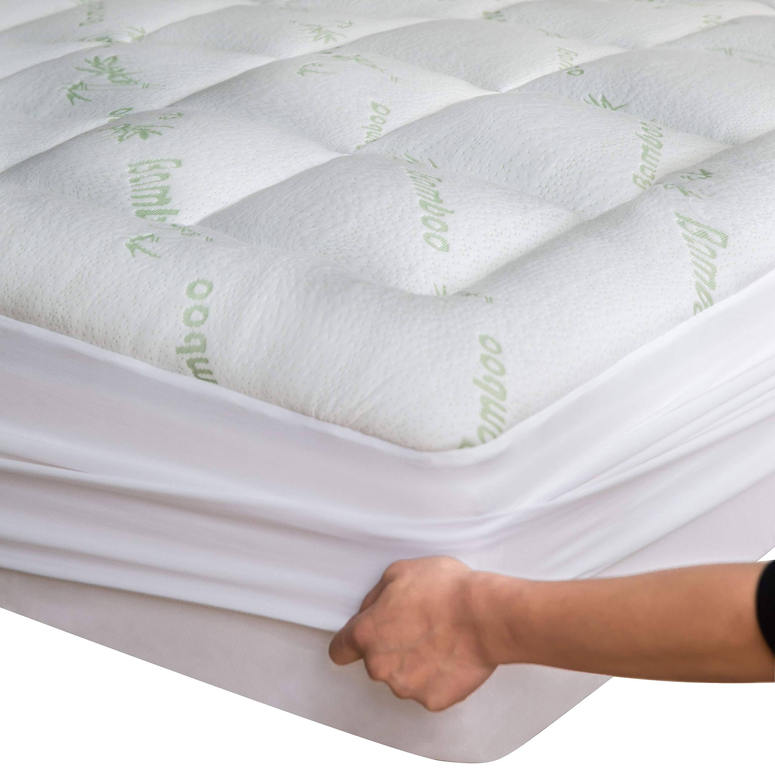25bc89806b069d42876676367646dba40fed31f13f7ffe149754a3cf32dd07bd.jpg Bamboo Mattress Topper Queen with 1 Pillow Protector Cooling Pillow Top Mattress Protector Cover Pad Fits 8-20 Inches Deep Mattresses Pad Breathable - Image 1