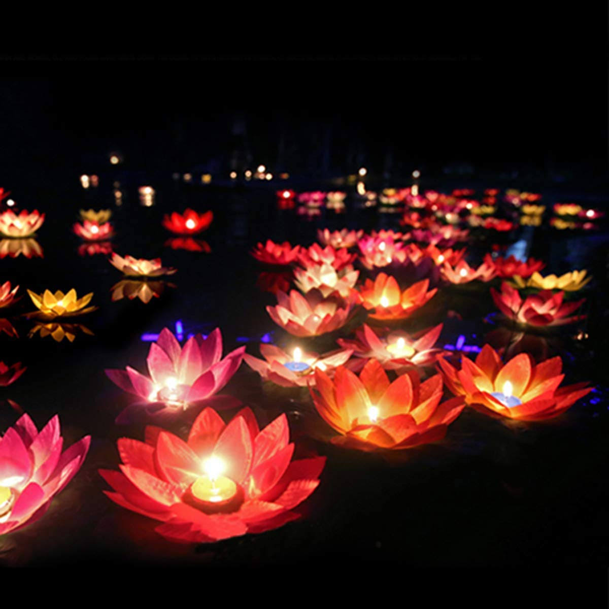 25cd960a008ccc91ad861bf53ef6510c4dc2f91927e0a295bc221272f8ca1dec.jpg Toner Depot Water Floating Candle Lanterns Outdoor Lanterns for Praying - Set of 15 Floating Lotus Lights Wishing Water Lily Candles Light Decorative - Image 1