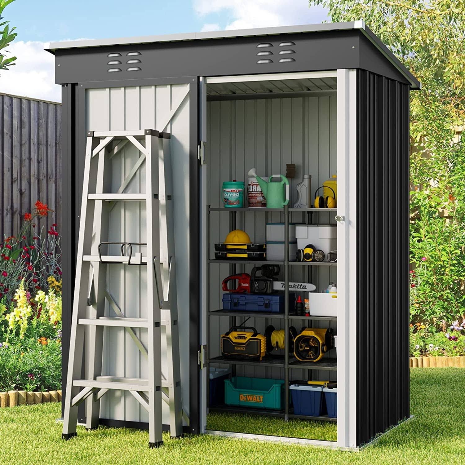 261c522290984efc20bfc6d53121f5b45f62a9748d5016693d738997e3803193.jpg Aiho 5'X 3' Metal Outdoor Storage Shed with Lockable Door for Garden Backyard Patio - Gray, Size: 5' x 3' - Image 1