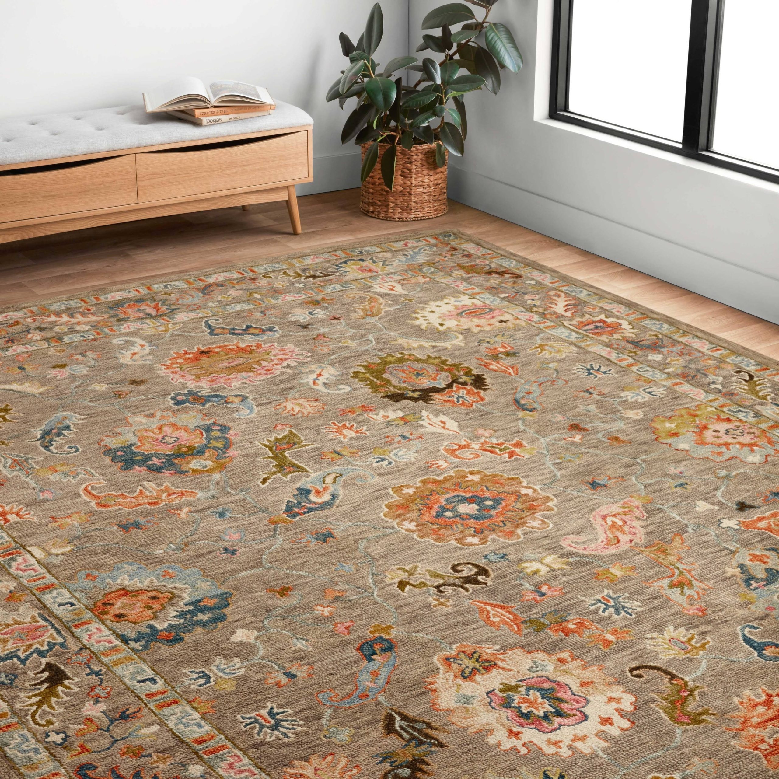 26274fe5cbd54efa29d33e5c2cb5bda735164405dffe8c118f9330fae267a35f.jpg Alexander Home Megan Floral Hand-Hooked 100% Wool Area Rug - 7'-9" x 9'-9" - Grey / Multi - Image 1