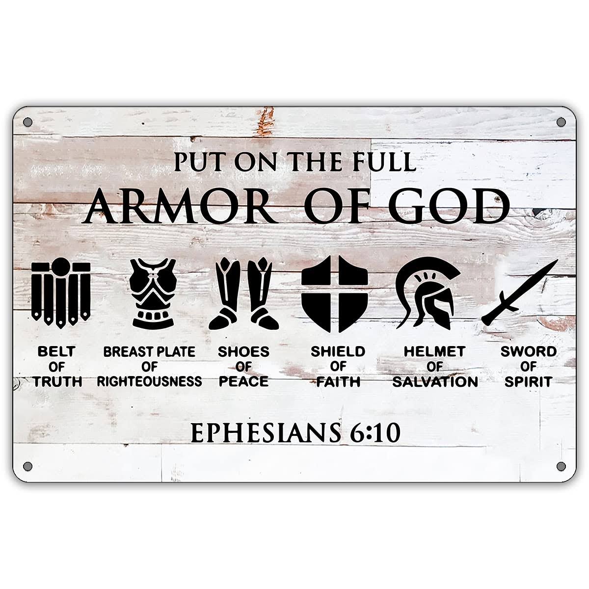 264fa0828071c2a2acdacdb648130134fd12cf0e0ef4fa7a27559b64d3e9464e.jpg Qiongqi Funny Put On The Full Armor of God Metal Tin Sign Wall Decor, Farmhouse Rustic Christian Sign for Home Decor Gifts - Image 1