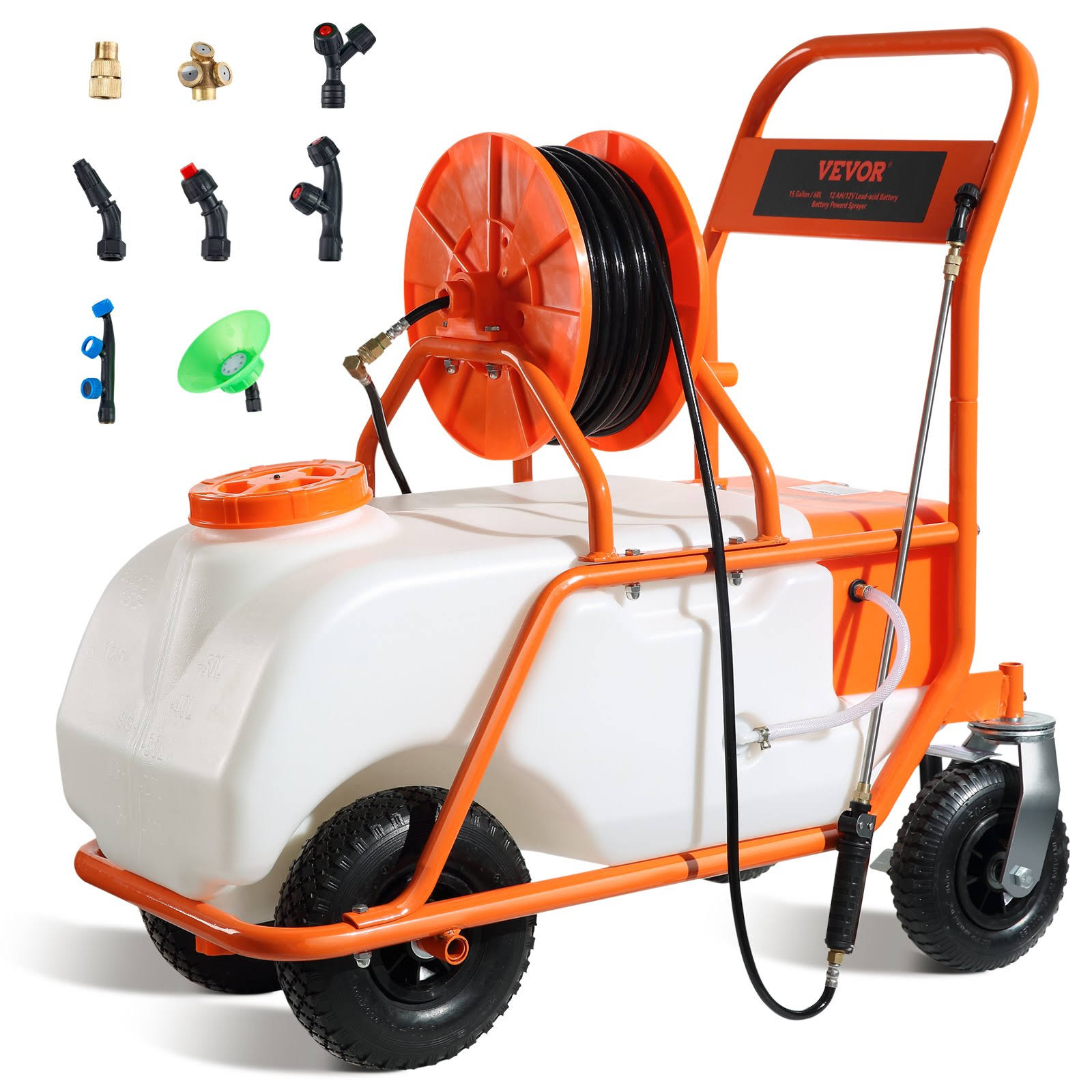 271ae564abb68e1f05d385393716dac43b1374a07e4e9a9e0c661ab17f20edb0.jpg VEVOR Battery Powered Lawn Sprayer on Wheel, 0-90 PSI Adjustable Pressure, 15 Gallon Tank, Cart Sprayer with 8 Nozzles and 2 W - Image 1