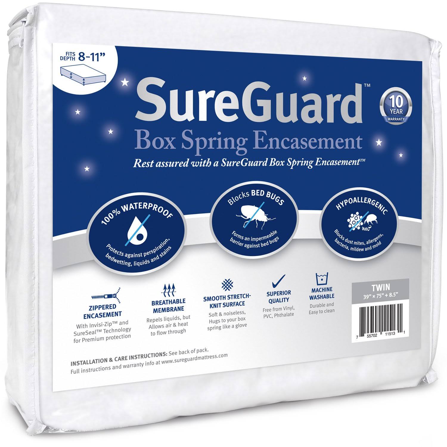 27214d7d6e8782b297c9c8eea25c3d8afbeee80828f33ab454ac6f7c545d1858.jpg Twin Size SureGuard Box Spring Encasement - 100% Waterproof, Bed Bug Proof, Hypoallergenic - Premium Zippered Six-Sided Cover - Image 1
