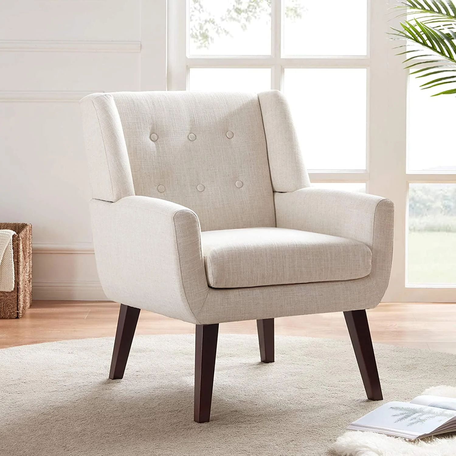 27249da84173575dd2c3fa4097ed0f5e93ed96e32dd004777f5b4d57f5a0b5a7.webp HUIMO Accent Chair, Button - Tufted Upholstered Living Room Chairs, Mid Century Modern Comfy Reading Chairs for Bedroom, Living Room, Beige - Image 1