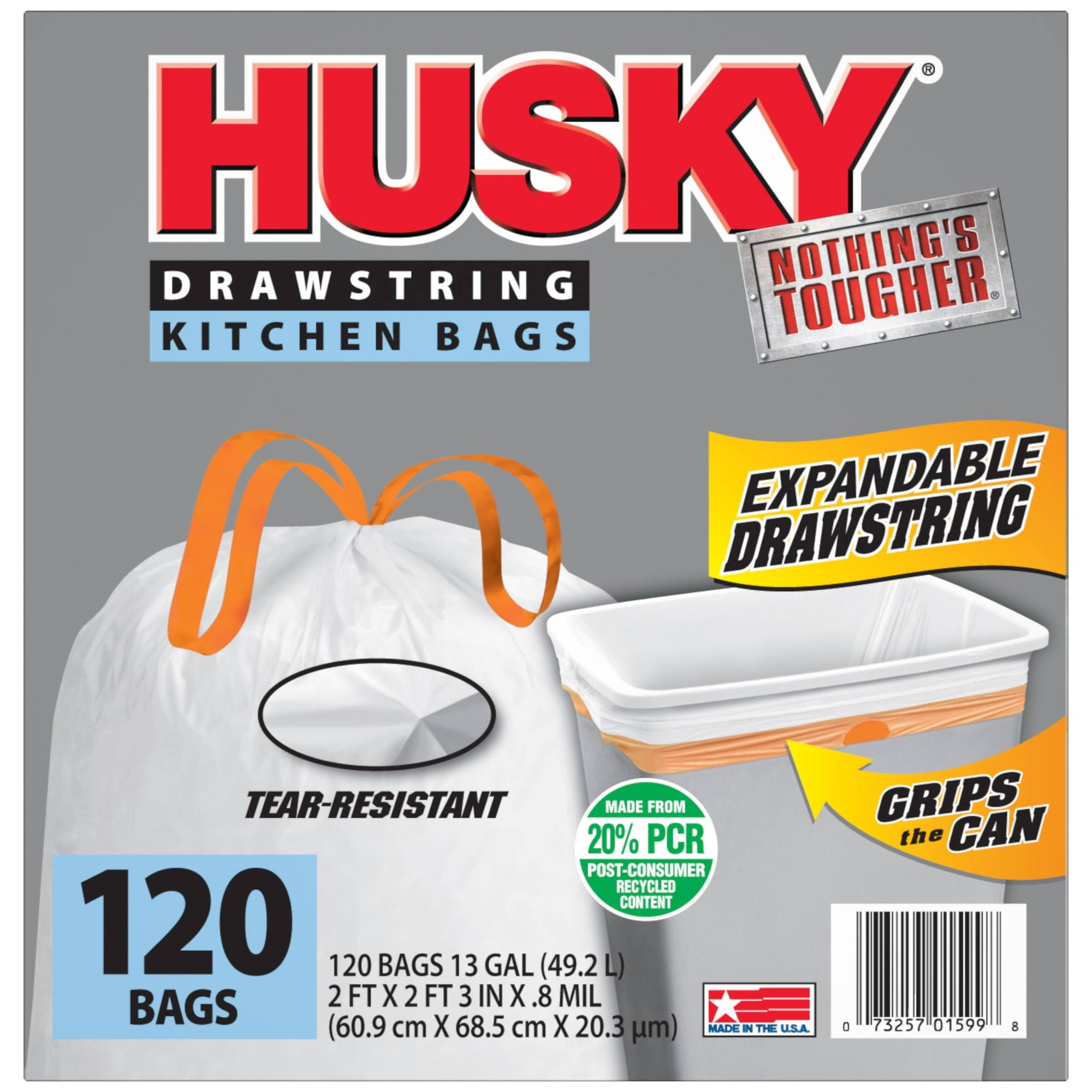 276e3b97098f6ea593e086950530060d990dede2f620bdab818ad13a703931bb.jpg Husky Tall Kitchen White Trash Bags, 13 Gallon, 120 Bags (Expandable Drawstring, 20% PCR) - Image 1