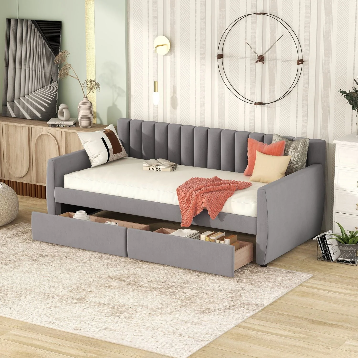 279237194f7449ad649a7667122c517441b28adc96ce8f0923cffb27ee0f8426.webp Twin Size Daybed with 2 Storage Drawers, Tufted Upholstered Sofa Bed Frame with and Wood Slat Support, Perfect for Bedroom, Gray - Image 1