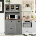 VEIKOUS 71'' Kitchen Pantry Hutch Cabinet, Pantry Storage Hutch W/Microwave Stand and Buffet Cupboard, Gray