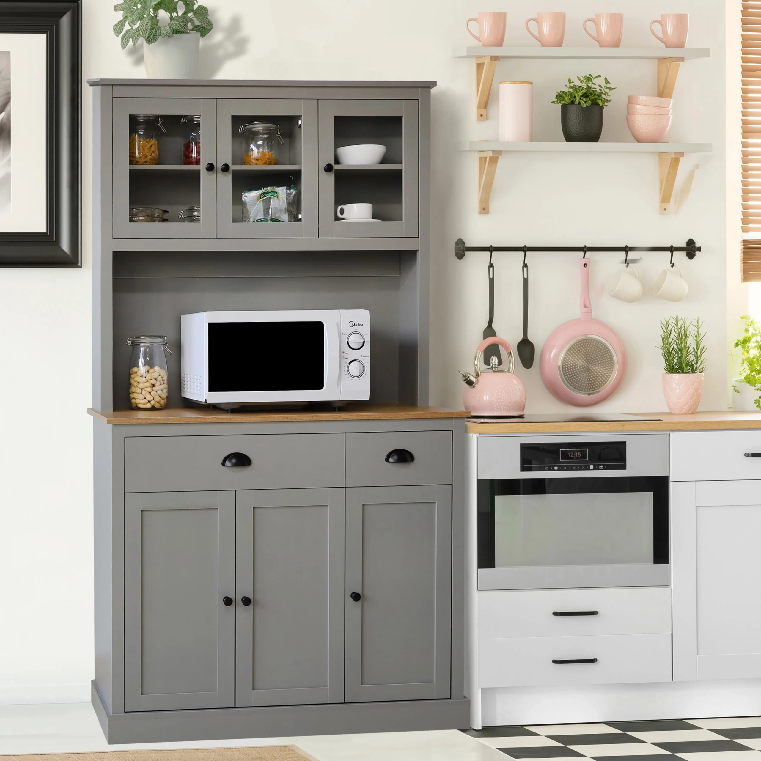 27a2e81e8afc99b56cd0702b9ceec1acc1b9c6f034a23d61a836376b11815768.webp VEIKOUS 71'' Kitchen Pantry Hutch Cabinet, Pantry Storage Hutch W/Microwave Stand and Buffet Cupboard, Gray - Image 1
