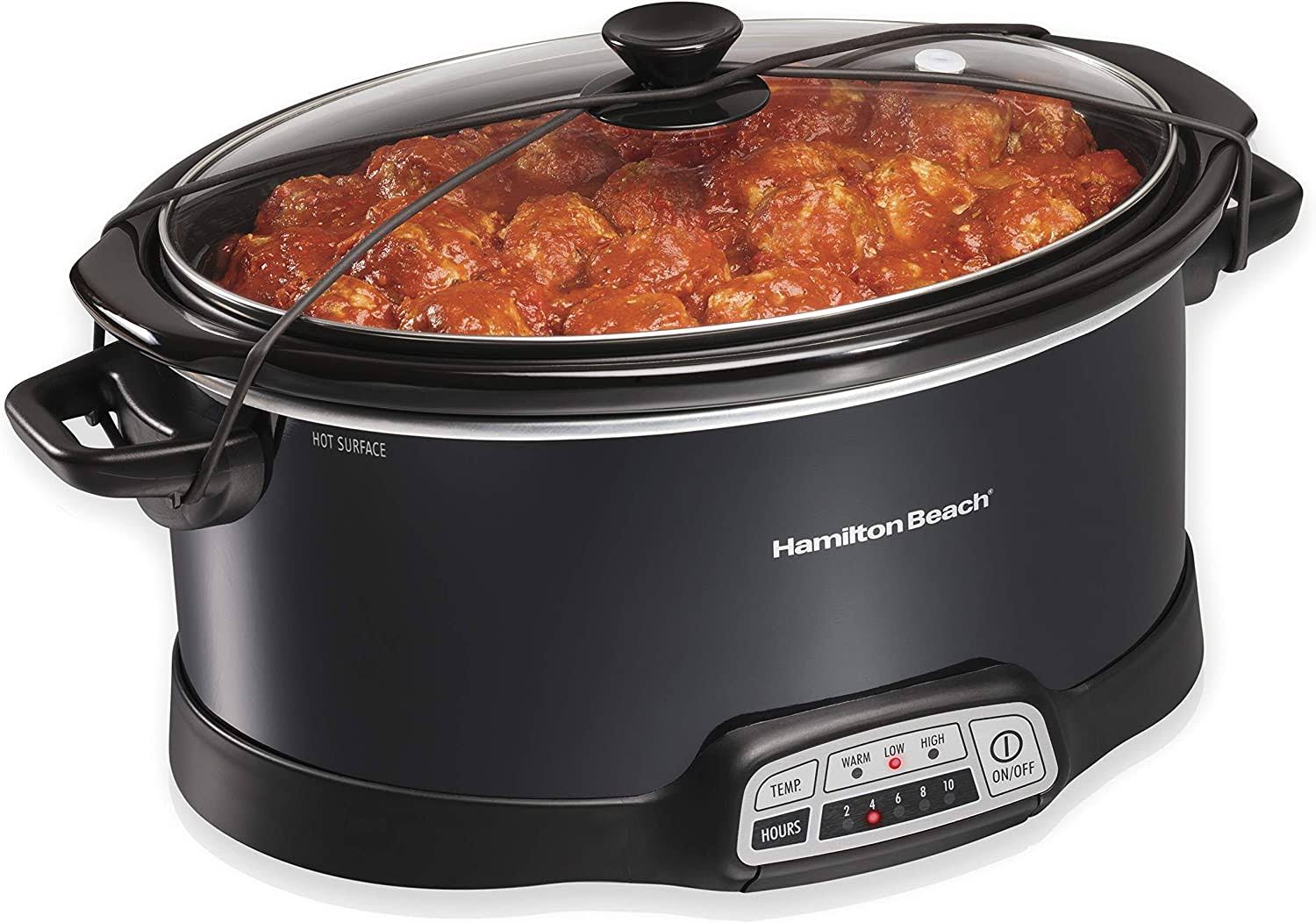 27a6ebd23939c3ae3bd3d6b7f4929ecd3ed54924b6cb7e45bcecc83b511c0546.jpg Hamilton Beach Programmable Slow Cooker 7-Quart with Lid Latch Strap Black - Image 1