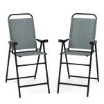 Costway 2 PCS Patio Bar Chair Folding Bar Height Metal Frame with Footrest Garden Blue