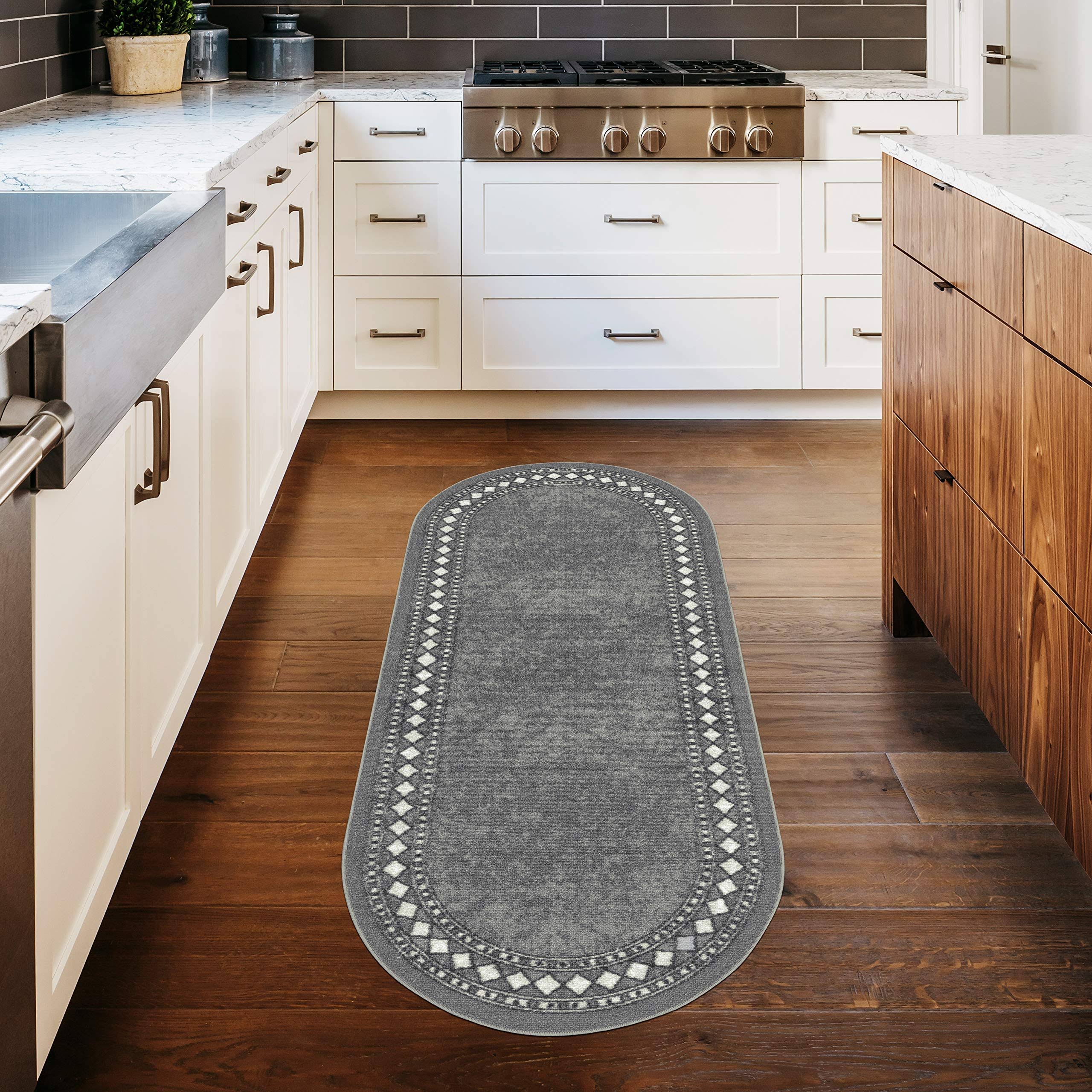 281c4c33bbfb9add159d3cf6aa6acc2ffb4c95423f972411fb829cc364d176b1.jpg Antep Rugs Alfombras Modern Bordered 2x5 Non-Skid (Non-Slip) Low Profile Pile Rubber Backing Kitchen Area Rugs (Gray, 2' x 5' Oval) - Image 1