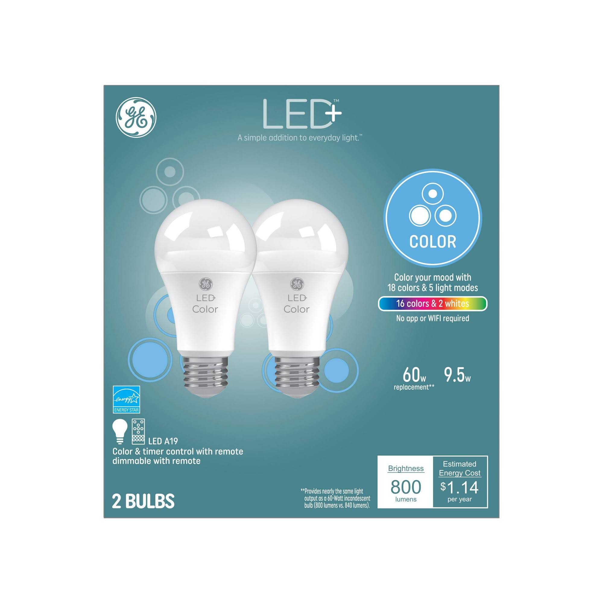283183d72abe3c3112fc69eba139e1ce04434f38421b9c6b4eec3fe369939b9f.jpg LED+ Color-Changing 60W Replacement LED General Purpose A19 Light Bulbs, 2-Pack - Image 1
